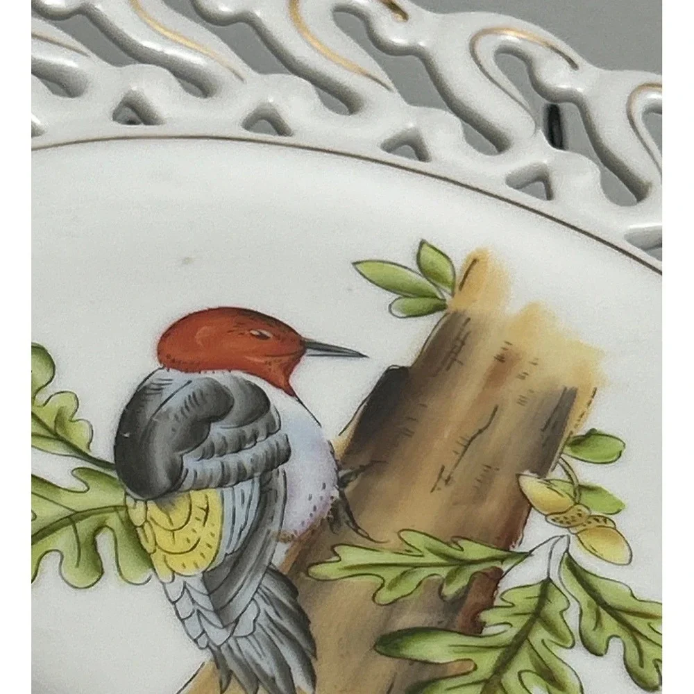 Red Headed Woodpecker Collector Plate Porcelain Gold Trim Signed Wall Napco VTG